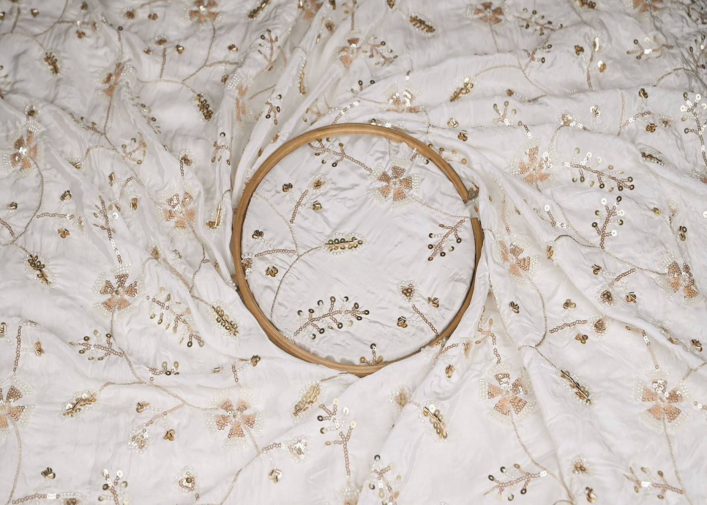 White Crepe Fabric With Allover Golden Zari, Sequins, Katdana And Bead Work 21073