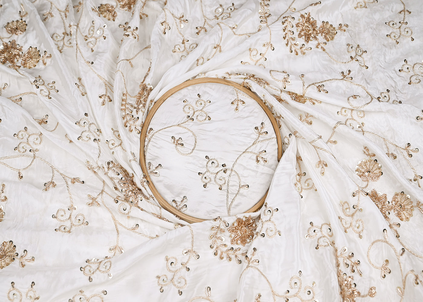 White Crepe Fabric With Allover Golden Zari, Sequins, Katdana And Pearl Work 21074