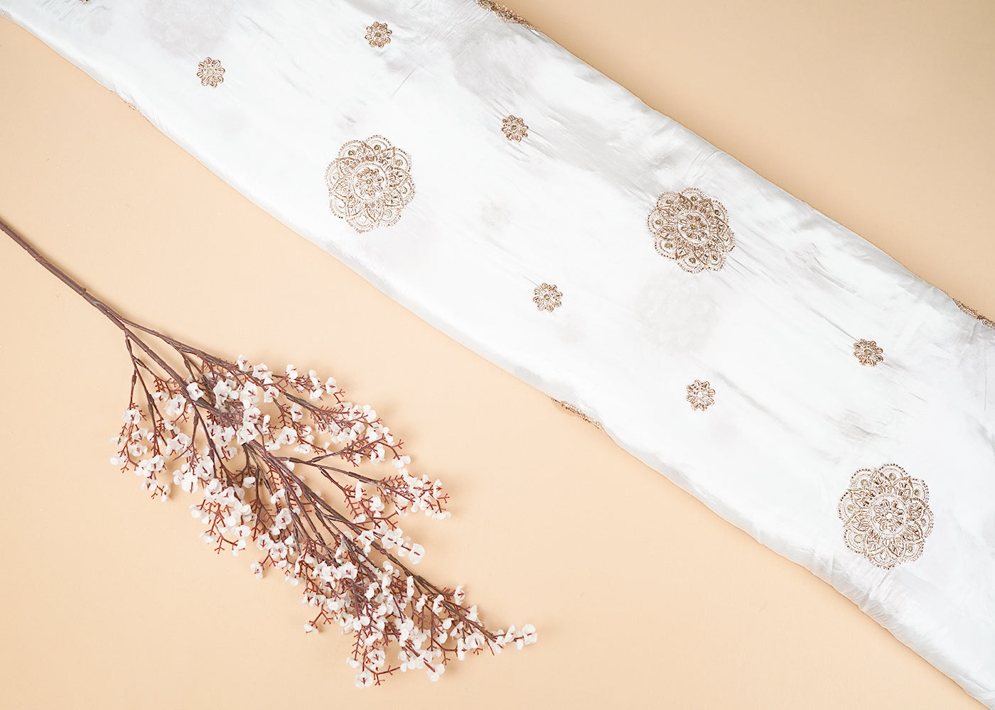White Crepe Fabric with Allover Golden Buti of Bead, Zari, Sequins and Katdana Work 21075