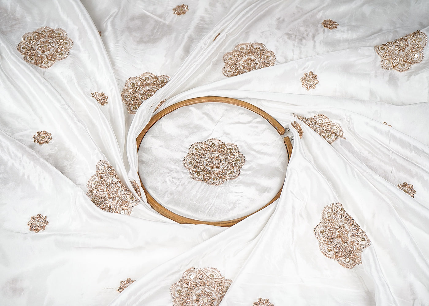 White Crepe Fabric with Allover Golden Buti of Bead, Zari, Sequins and Katdana Work 21075