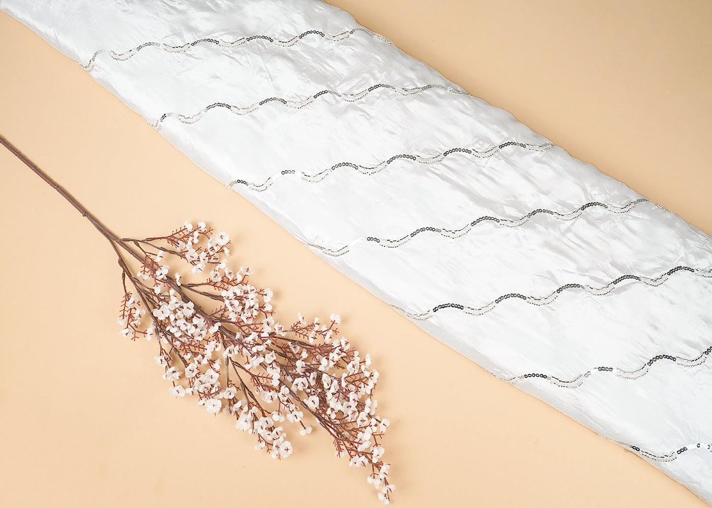 White Crepe Fabric with Allover Strips of Silver Katdana, Sequins and Bead Work 21076