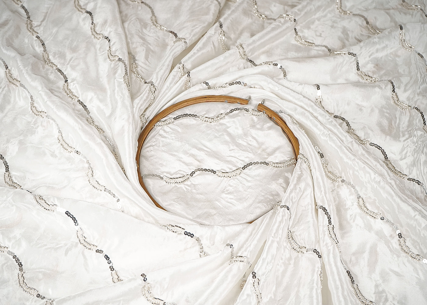 White Crepe Fabric with Allover Strips of Silver Katdana, Sequins and Bead Work 21076