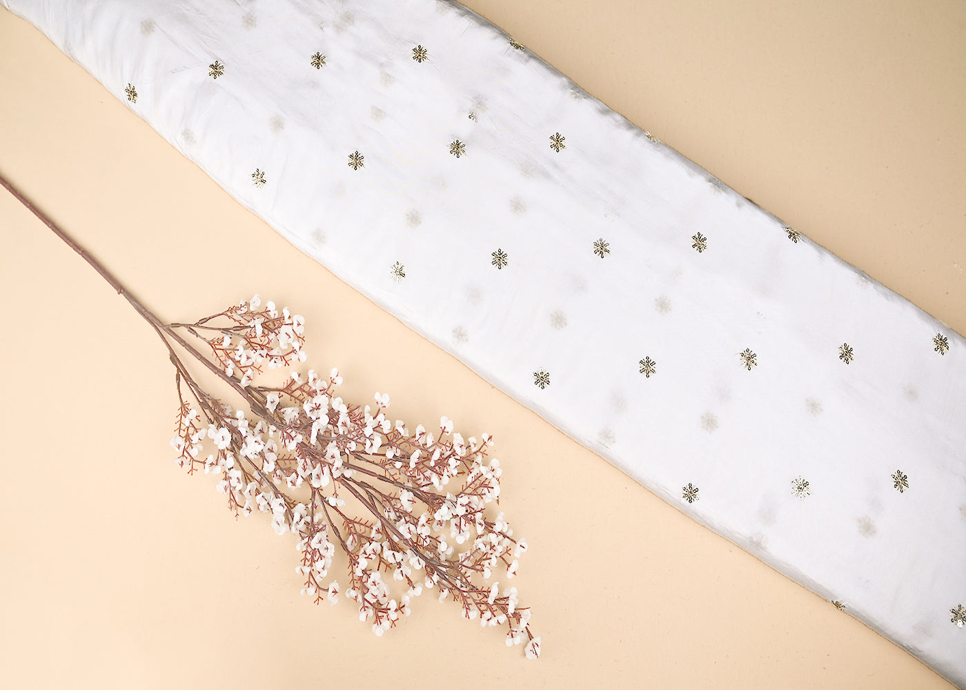 White Dyeable Crepe Fabric With All Over Buti Of Sequins And Zari Work 21078