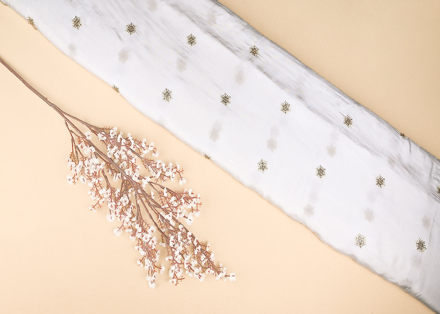 White Crepe Fabric With Allover Buti Of Sequins And Zari Work 21079