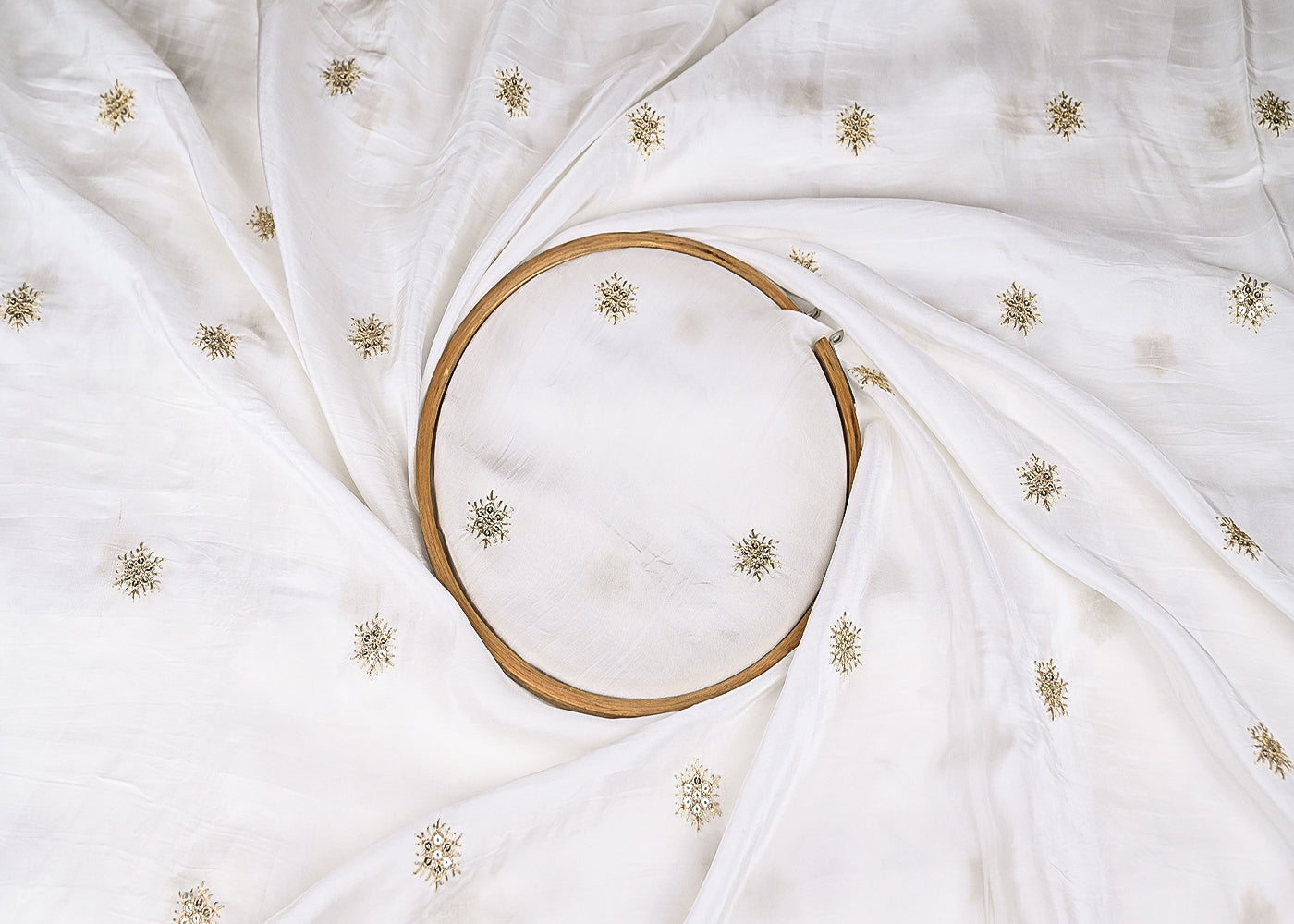 White Crepe Fabric With Allover Buti Of Sequins And Zari Work 21079