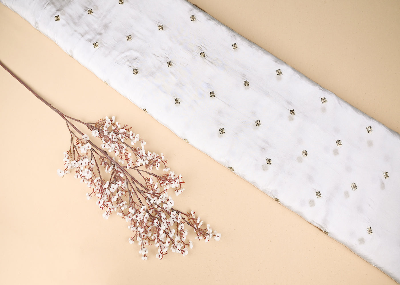 White Crepe Fabric With Allover Buti Of Sequins And Zari Work 21080