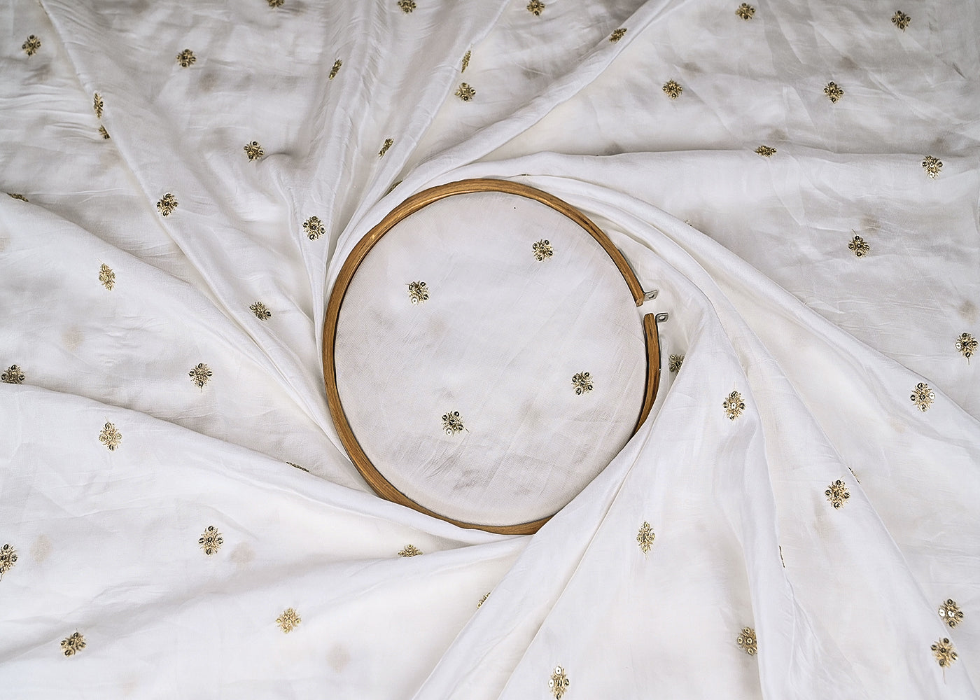 White Crepe Fabric With Allover Buti Of Sequins And Zari Work 21080