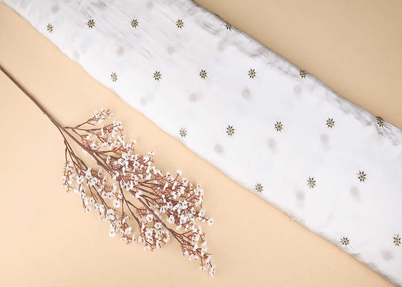 White Crepe Fabric With Allover Buti Of Sequins And Zari Work 21081
