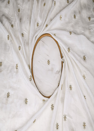 White Dyeable Crepe Fabric With Allover Buti Of Sequins And Zari Work 21081