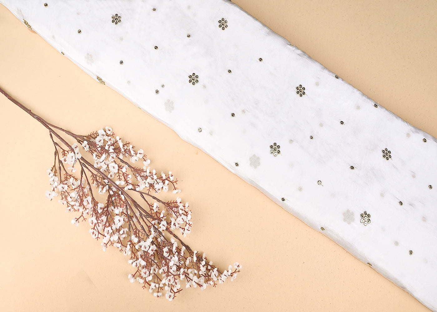 White Dyeable Crepe Fabric With Allover Buti Of Sequins And Zari Work 21082