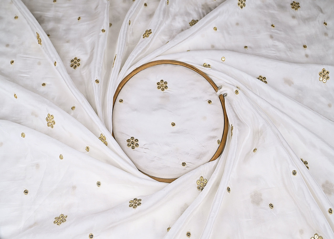 White Crepe Fabric With Allover Buti Of Sequins And Zari Work 21082