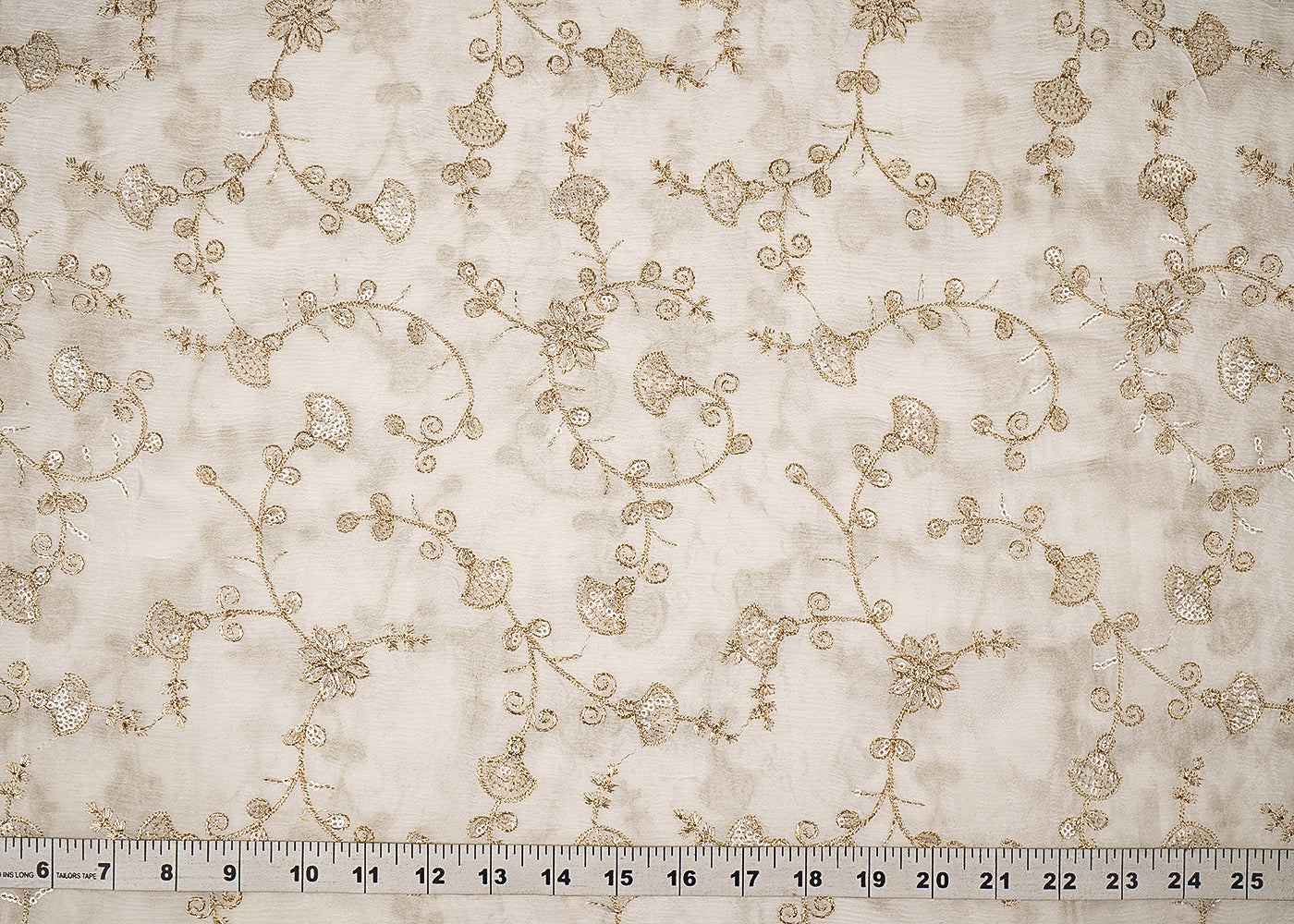 White Chinon Chiffon Fabric With Allover Buti of Sequins And Zari Work 21083