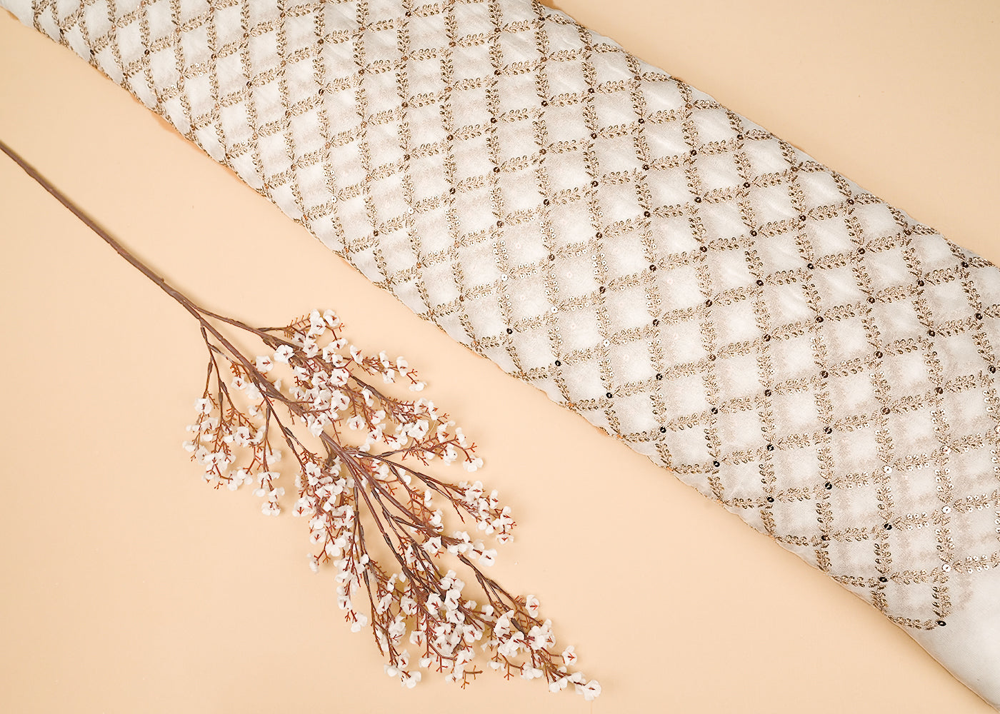 White Dyeable Georgette Fabric with Allover Zaal Pattern of Thread and Sequins Work 21084