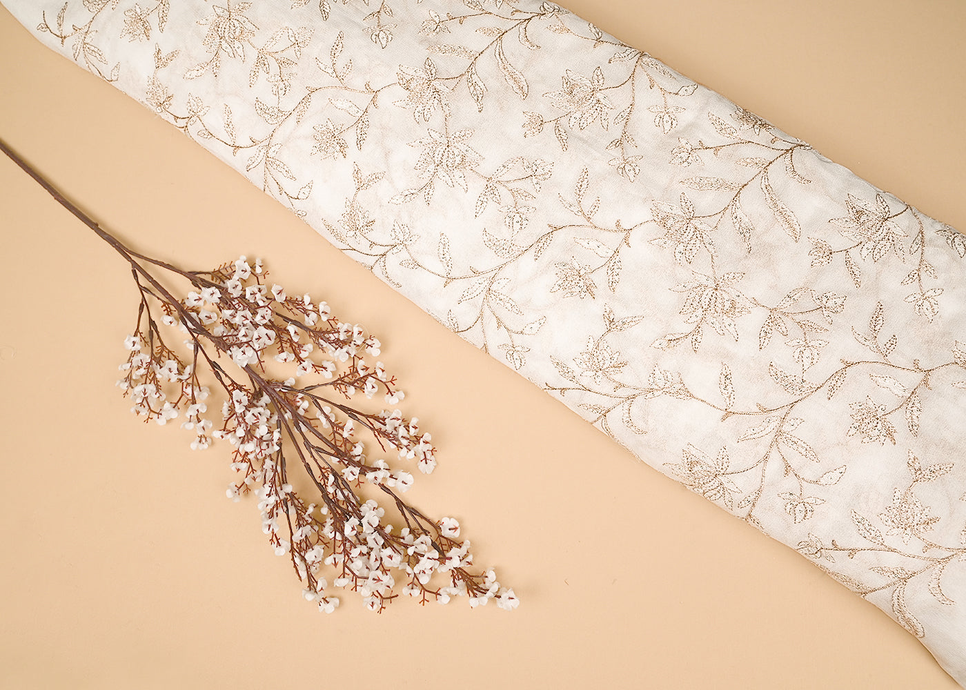 White Georgette Fabric with Allover Zari, Thread and Sequins Work 21085