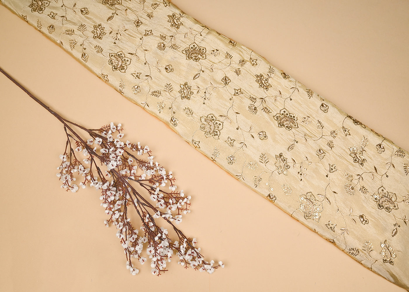 Golden Tissue Fabric with Allover Zari and Sequins Work 21087