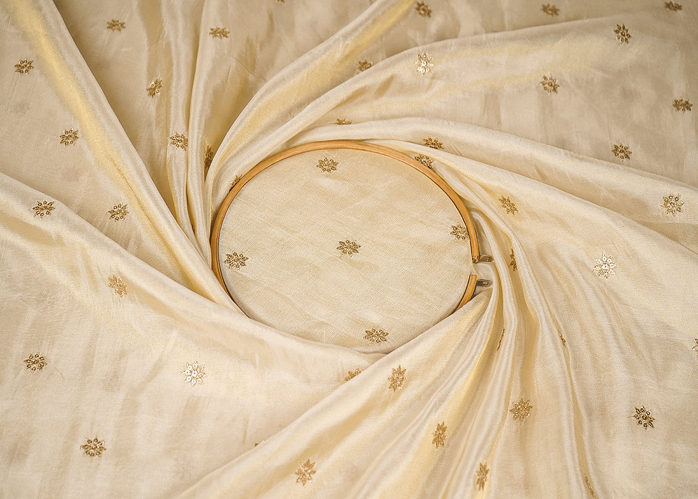 Golden Tissue Fabric with Allover Buti of Zari and Sequins Work 21094