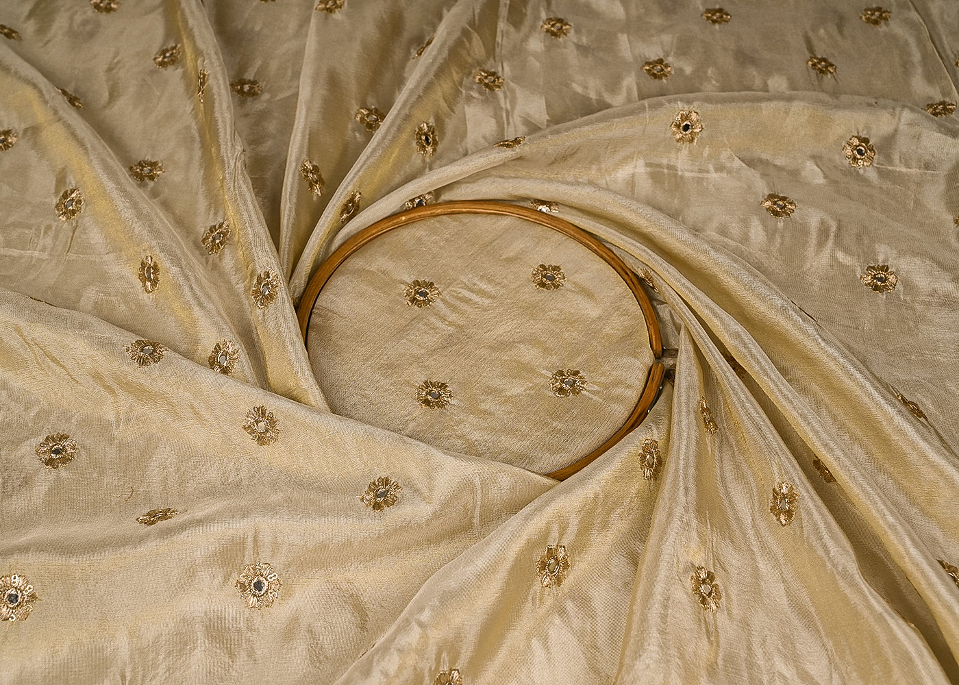 Golden Tissue Fabric with Allover Buti of Zari, Faux Mirror and Sequins Work 21095