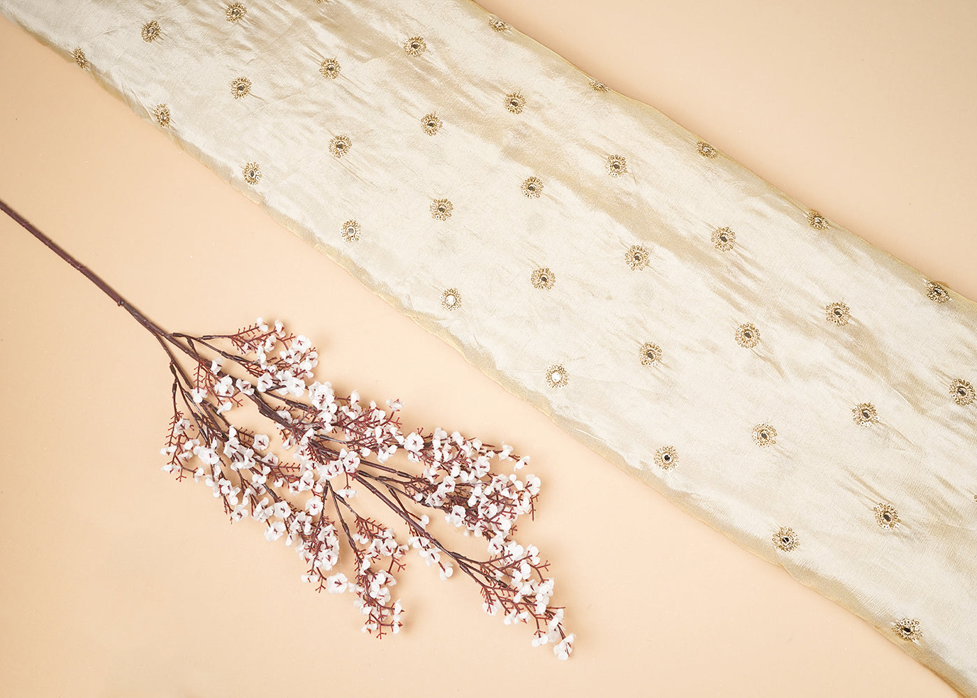 Golden Tissue Fabric with Allover Buti of Zari, Faux Mirror and Sequins Work 21096