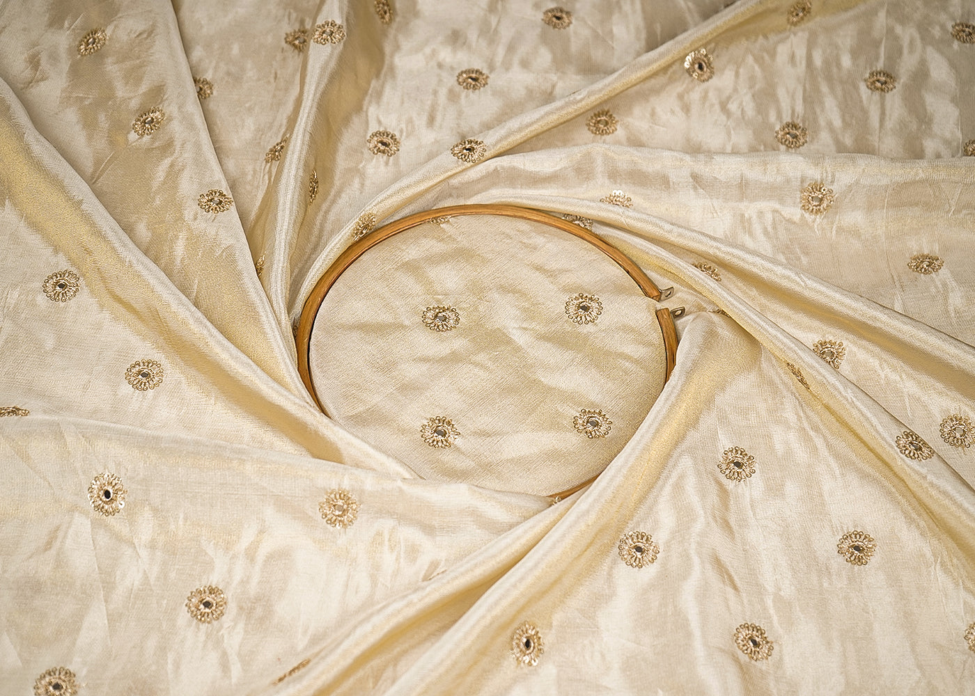 Golden Tissue Fabric with Allover Buti of Zari, Faux Mirror and Sequins Work 21096