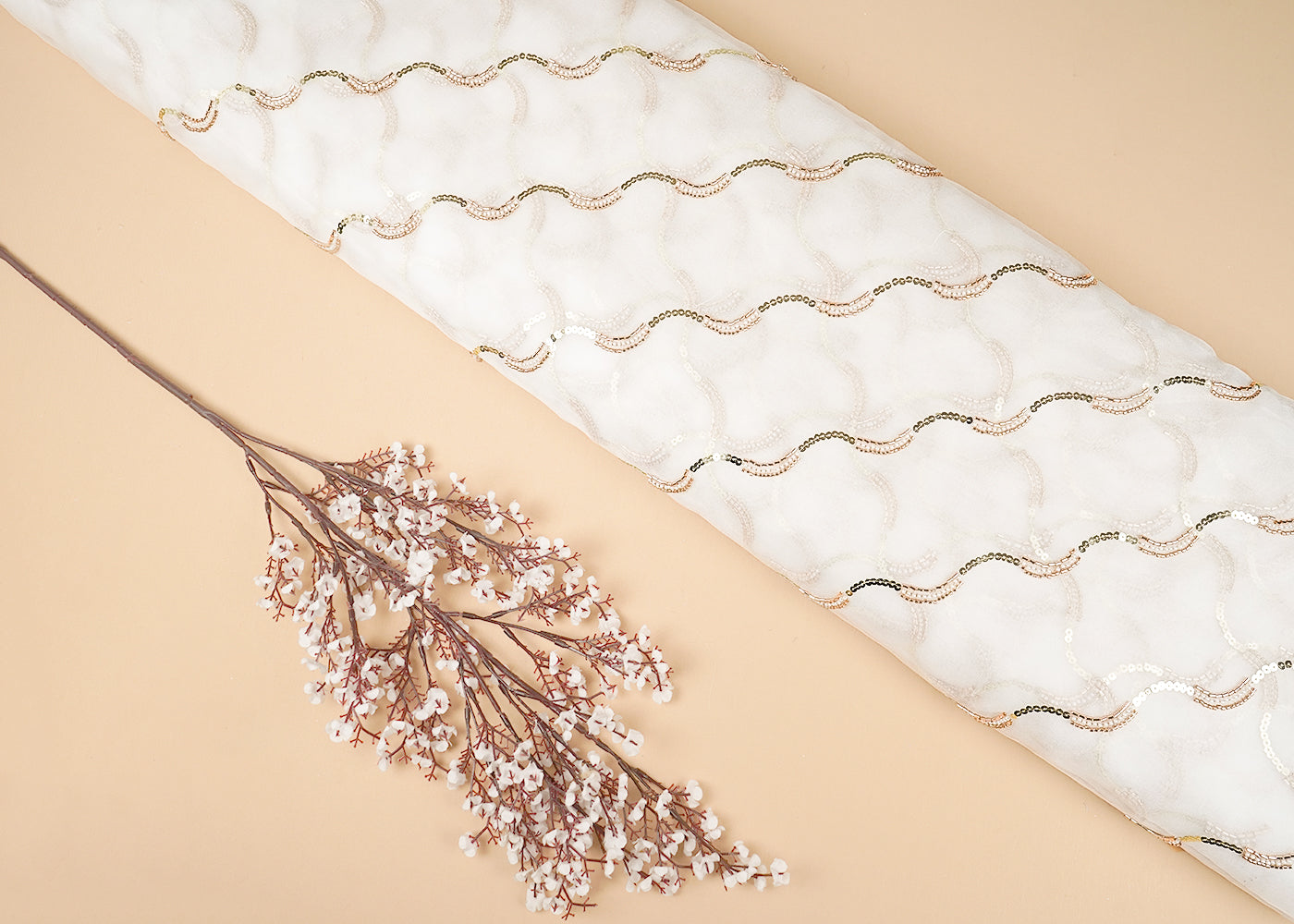 White Organza Fabric with Allover Strips of Golden Katdana, Sequins and Bead Work 21097