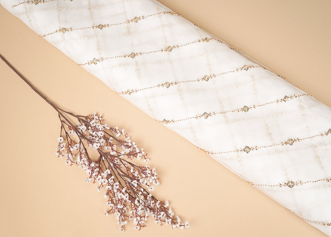 White Organza Fabric with Allover Strips of Golden Katdana, Sequins and Bead Work 21098