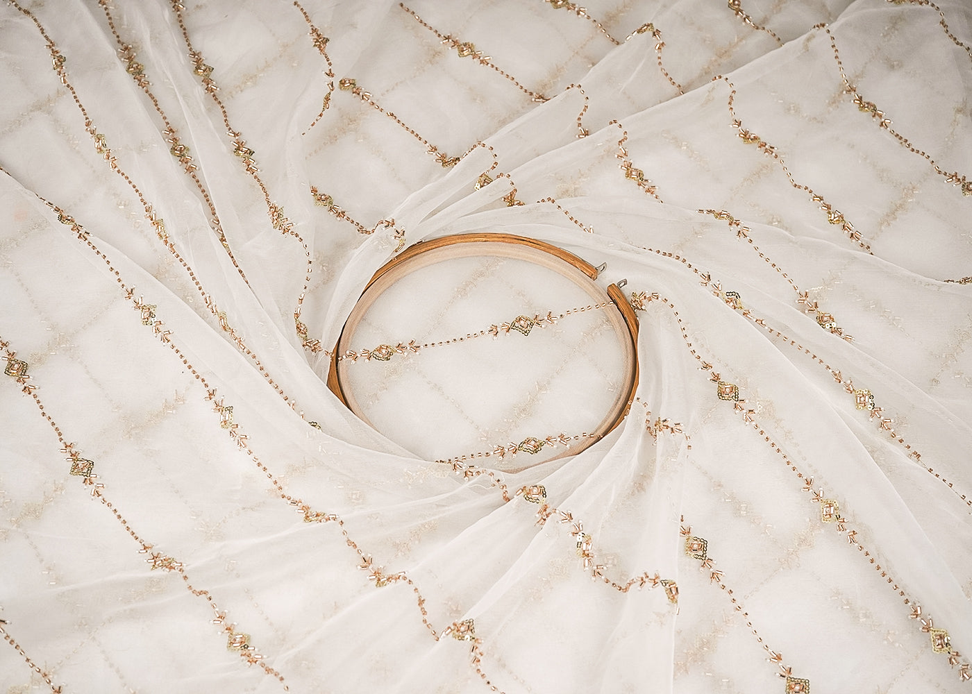 White Organza Fabric with Allover Strips of Golden Katdana, Sequins and Bead Work 21098