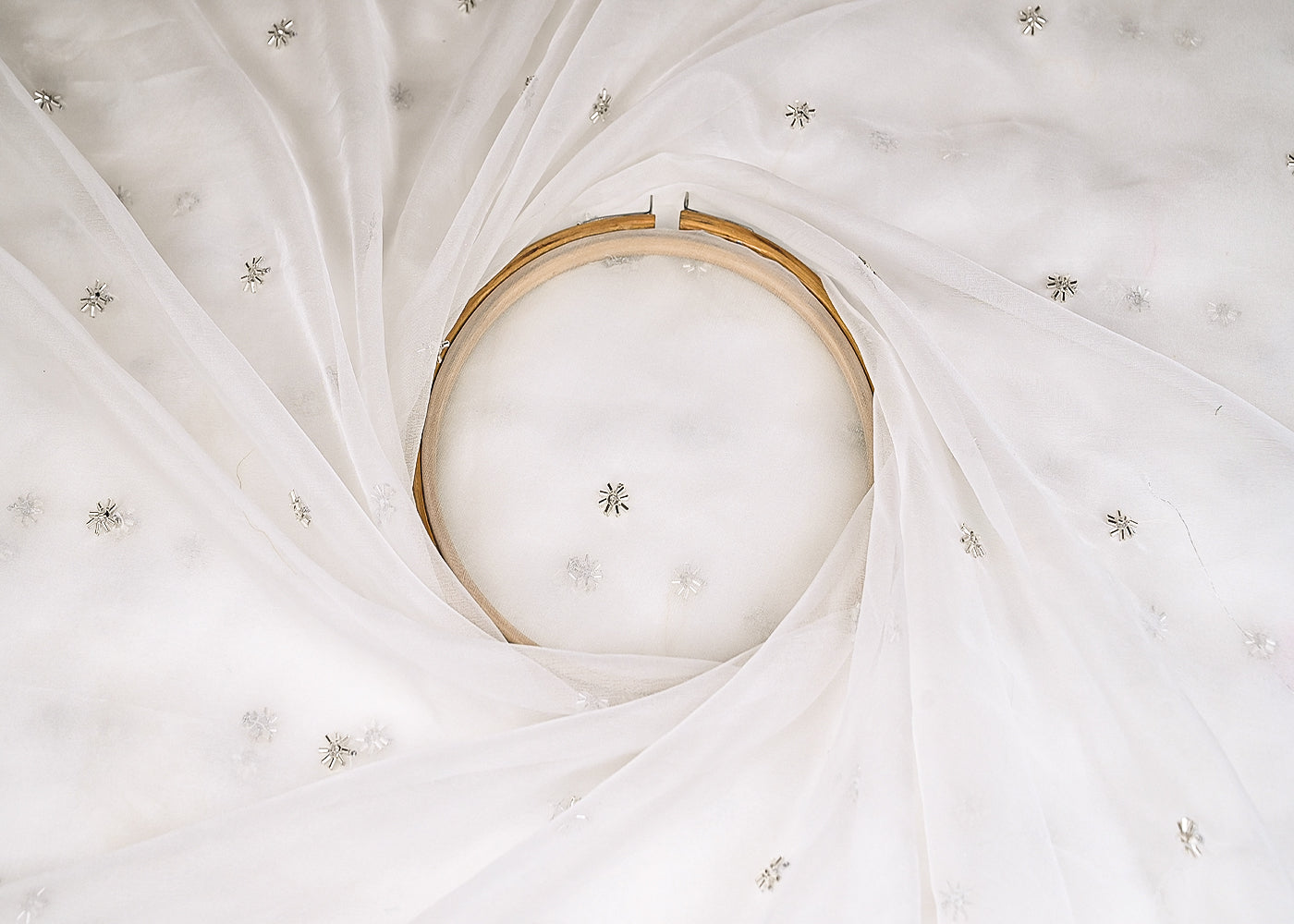 White Organza Fabric With Allover Buti Of Silver Katdana And Sequins Work 21099