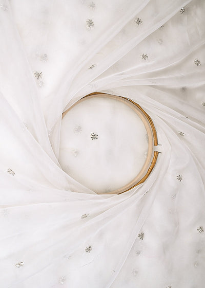 White Dyeable Organza Fabric With Allover Buti Of Silver Katdana And Sequins Work 21099