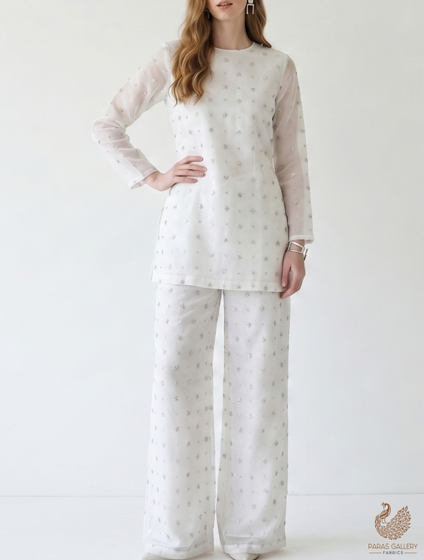 White Dyeable Organza Fabric With Allover Buti Of Silver Katdana And Sequins Work 21099