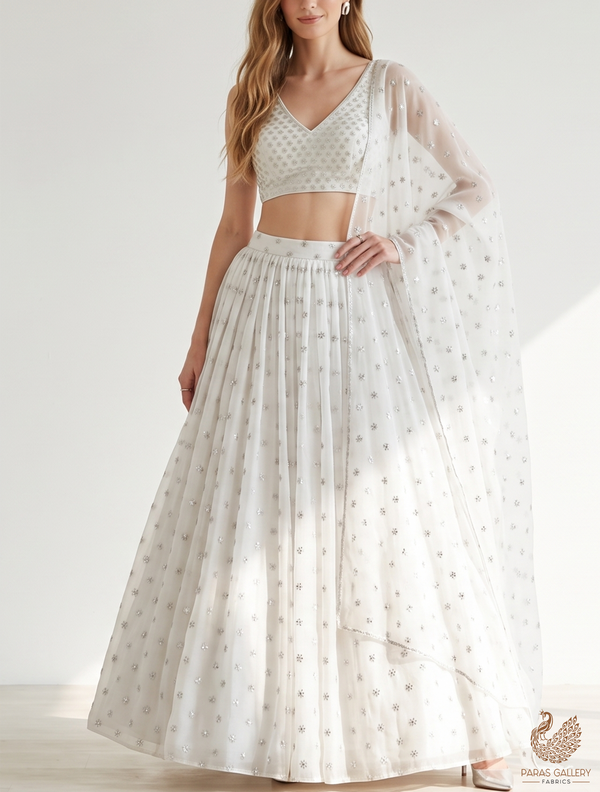 White Dyeable Organza Fabric With Allover Buti Of Silver Katdana And Sequins Work 21099