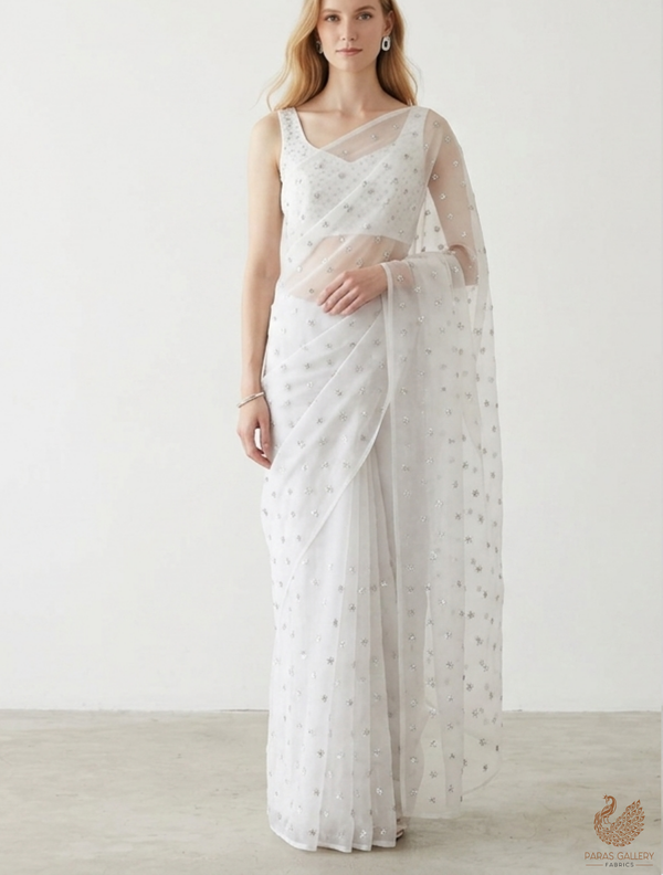 White Dyeable Organza Fabric With Allover Buti Of Silver Katdana And Sequins Work 21099