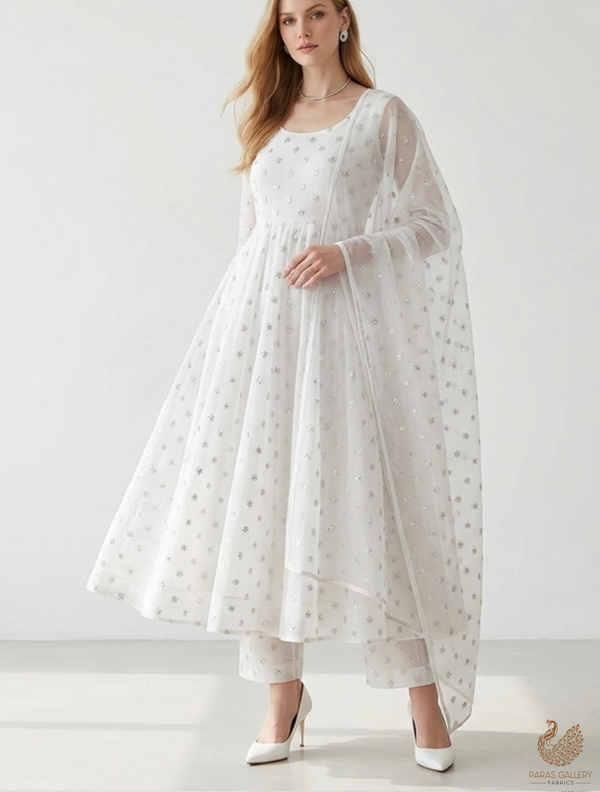 White Dyeable Organza Fabric With Allover Buti Of Silver Katdana And Sequins Work 21099