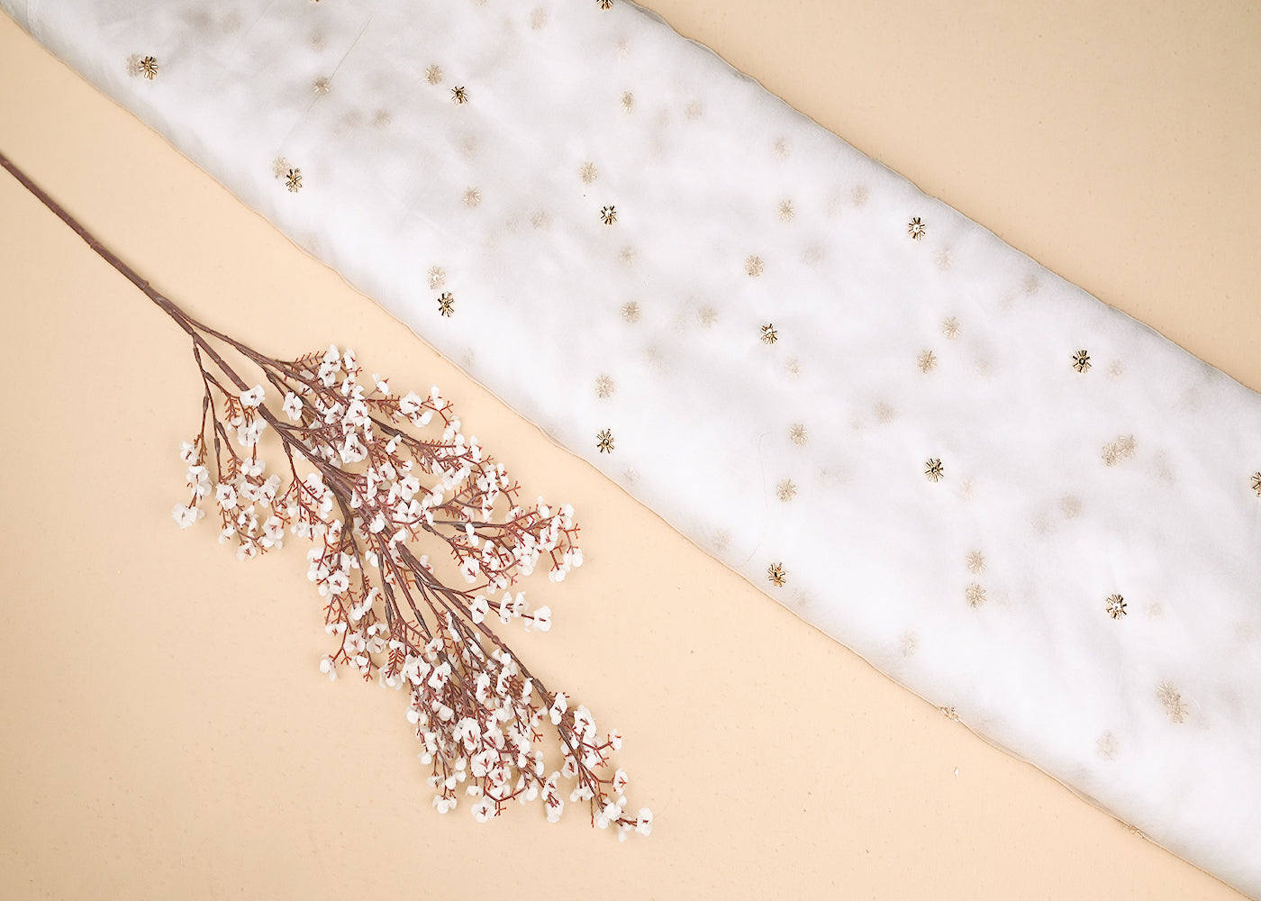 White Organza Fabric With Allover Buti Of Golden Katdana And Sequins Work 21100