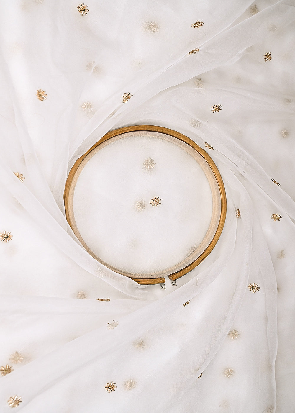 White Dyeable Organza Fabric With Allover Buti Of Golden Katdana And Sequins Work 21100