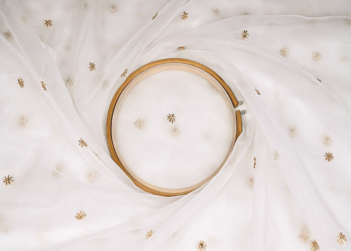 White Organza Fabric With Allover Buti Of Golden Katdana And Sequins Work 21100