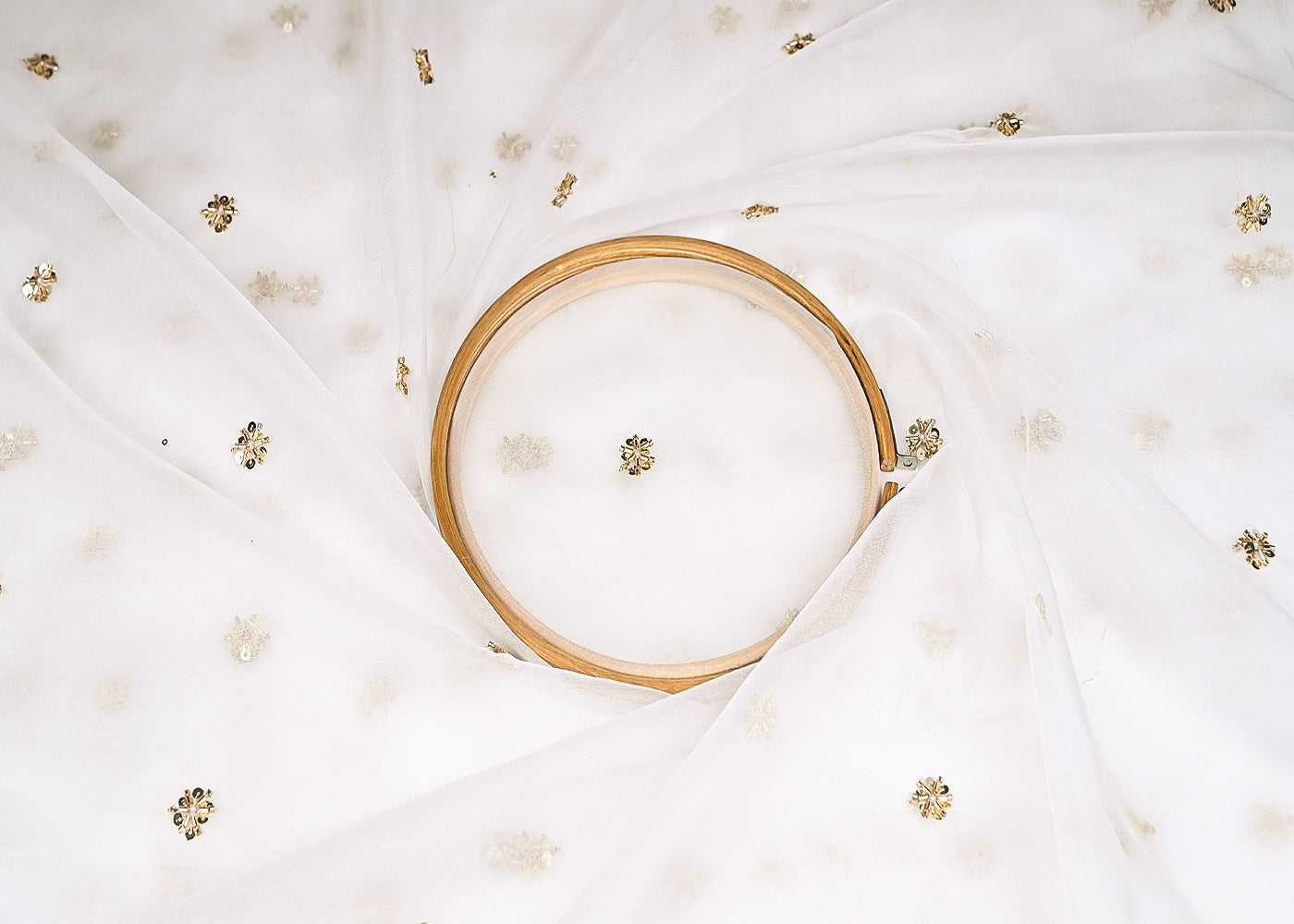 White Organza Fabric With Allover Buti Of Golden Katdana, Bead And Sequins Work 21101