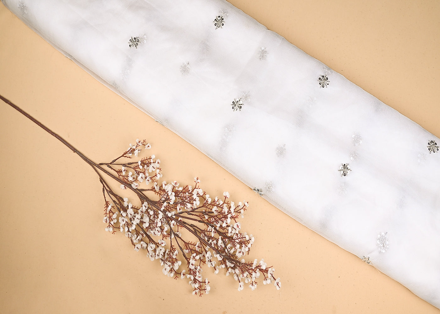 White Organza Fabric With Allover Buti Of Silver Katdana, Bead And Sequins Work 21102