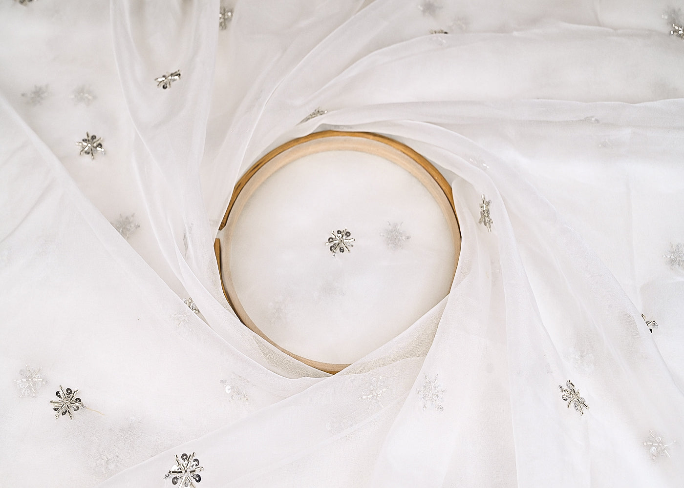 White Organza Fabric With Allover Buti Of Silver Katdana, Bead And Sequins Work 21102