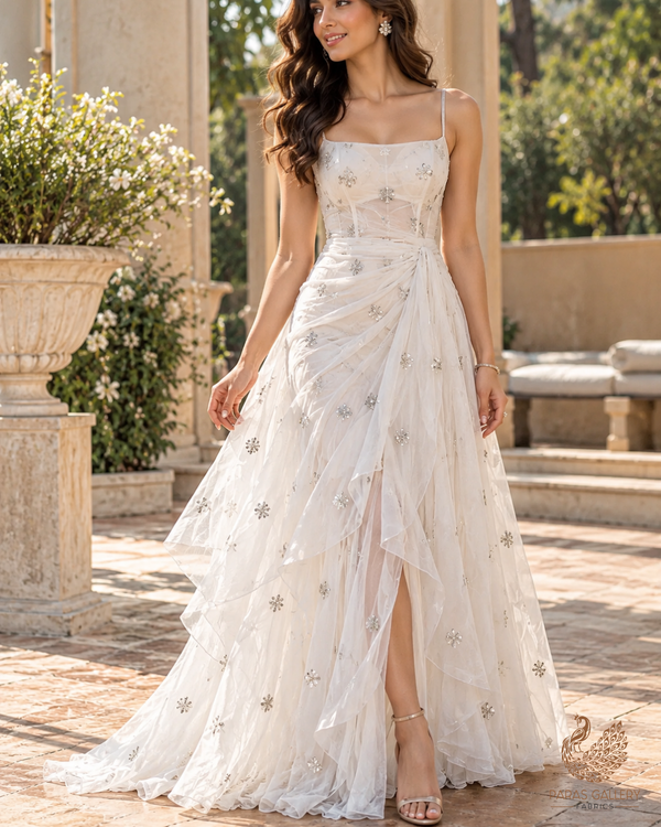 White Dyeable Organza Fabric With Allover Buti Of Silver Katdana, Bead And Sequins Work 21102