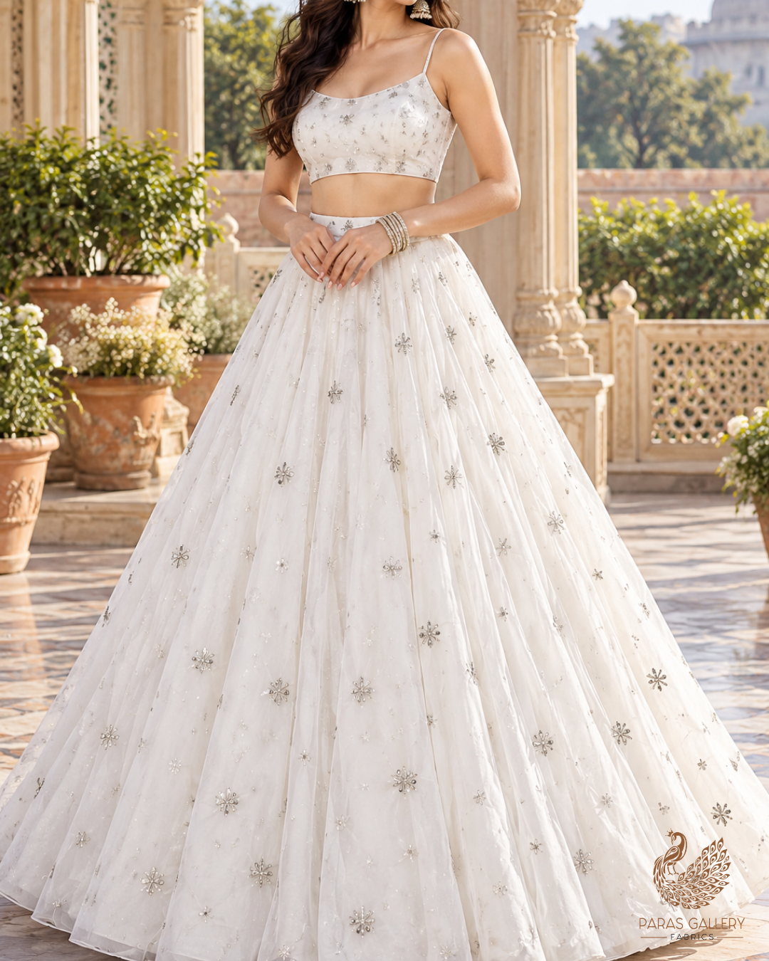 White Dyeable Organza Fabric With Allover Buti Of Silver Katdana, Bead And Sequins Work 21102