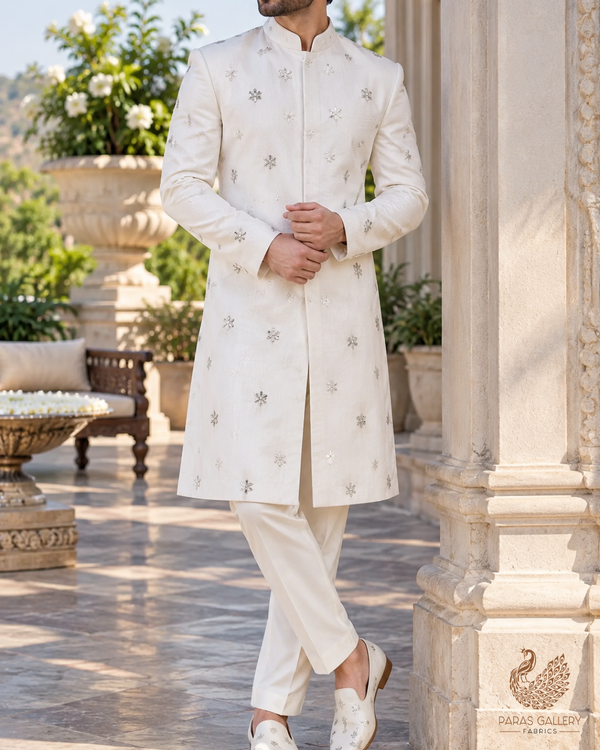 White Dyeable Organza Fabric With Allover Buti Of Silver Katdana, Bead And Sequins Work 21102