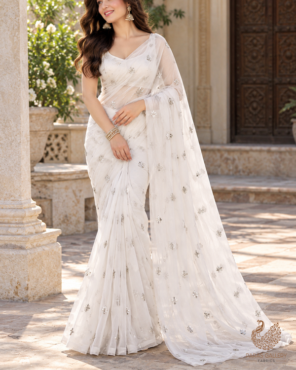 White Dyeable Organza Fabric With Allover Buti Of Silver Katdana, Bead And Sequins Work 21102