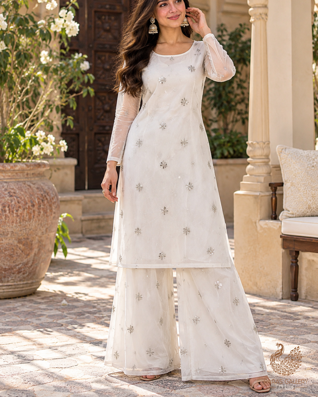White Dyeable Organza Fabric With Allover Buti Of Silver Katdana, Bead And Sequins Work 21102