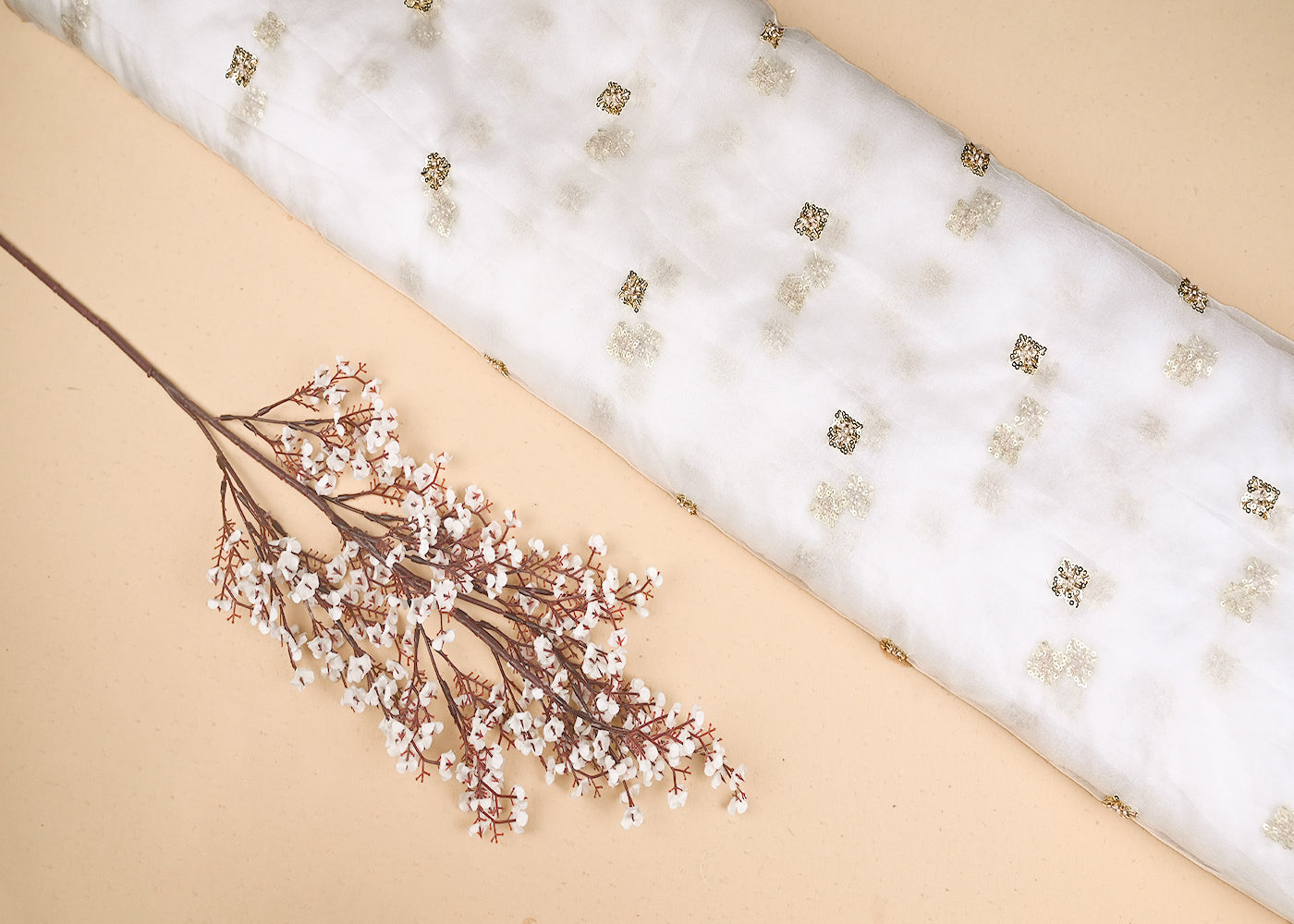 White Organza Fabric With Allover Buti Of Golden Katdana, Bead And Sequins Work 21103