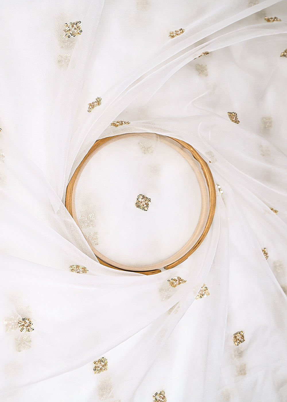 The Noor - White Dyeable Organza Fabric With Allover Buti Of Golden Katdana, Bead And Sequins Work | 21103
