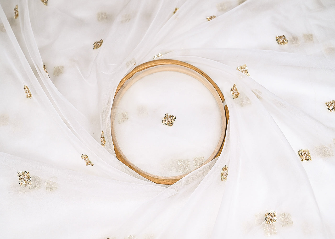 White Organza Fabric With Allover Buti Of Golden Katdana, Bead And Sequins Work 21103