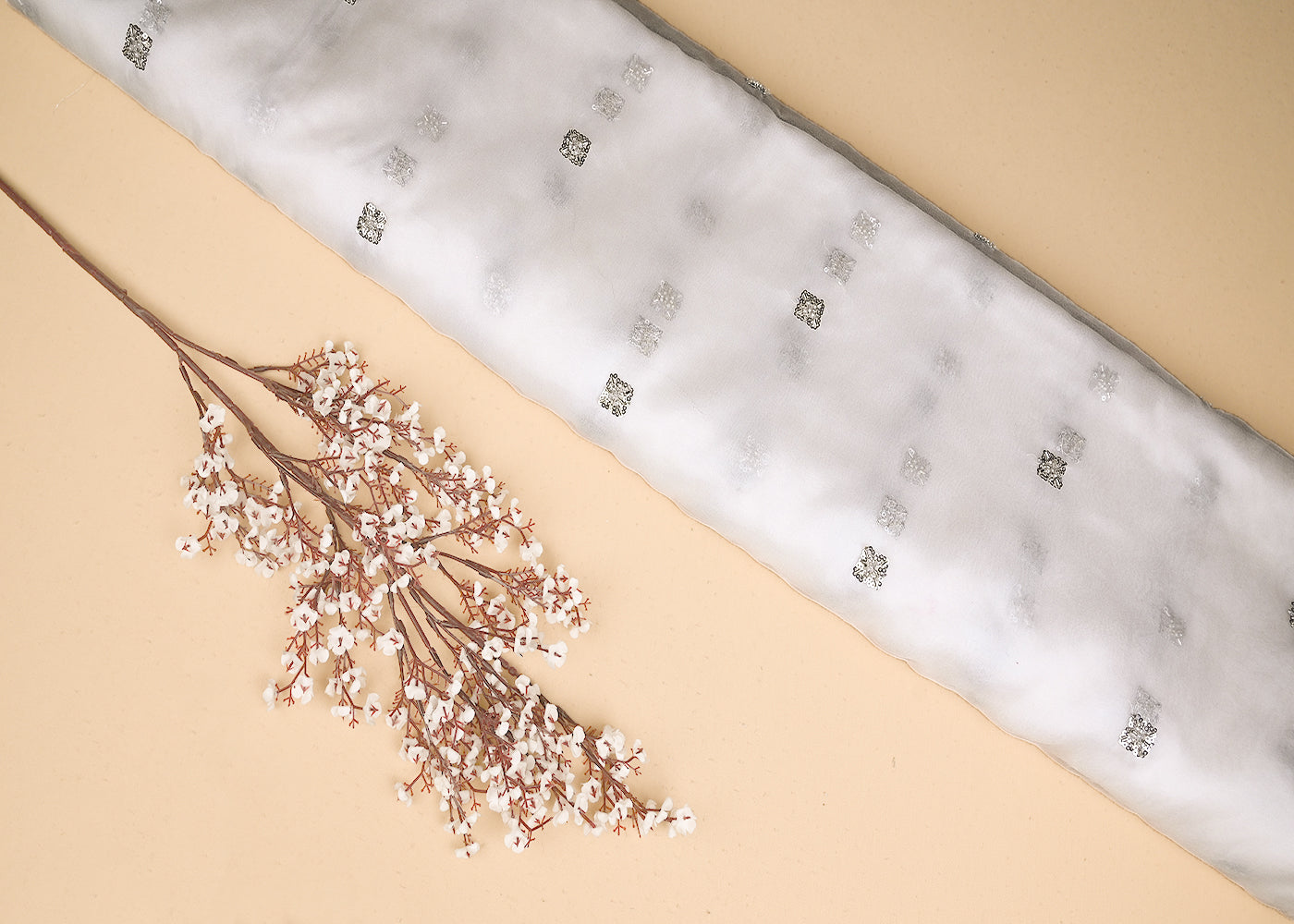 White Organza Fabric With Allover Buti Of Silver Katdana, Bead And Sequins Work 21104