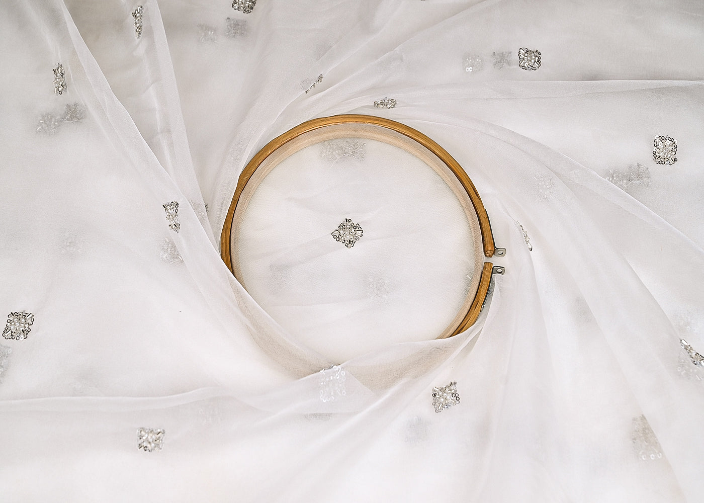 White Organza Fabric With Allover Buti Of Silver Katdana, Bead And Sequins Work 21104