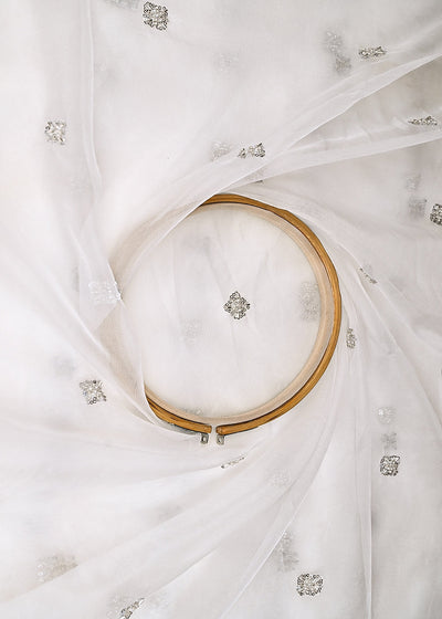 White Dyeable Organza Fabric With Allover Buti Of Silver Katdana, Bead And Sequins Work 21104