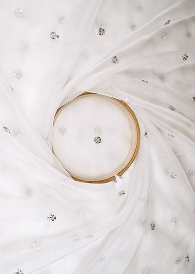 White Dyeable Organza Fabric With Allover Buti Of Silver Katdana, Bead And Sequins Work 21105